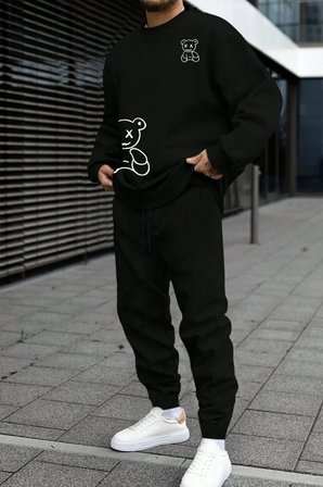Unisex Draw Bear Baskılı Bisiklet Yaka Sweatshirt - 2'li Eşofman Takımı