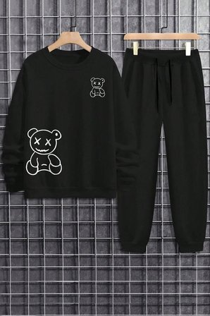 Unisex Draw Bear Baskılı Bisiklet Yaka Sweatshirt - 2'li Eşofman Takımı