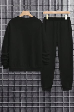 Unisex Draw Bear Baskılı Bisiklet Yaka Sweatshirt - 2'li Eşofman Takımı