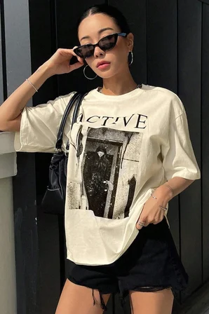 Unisex Active Baskılı Oversize Tshirt