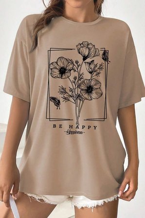 Unisex Be Happy Baskılı Oversize Tshirt