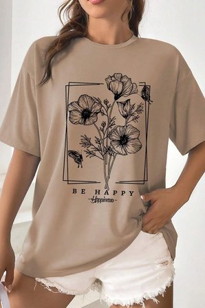 Unisex Be Happy Baskılı Oversize Tshirt