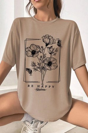 Unisex Be Happy Baskılı Oversize Tshirt