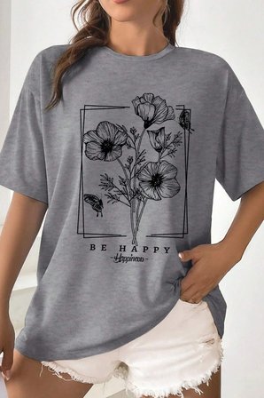 Unisex Be Happy Baskılı Oversize Tshirt