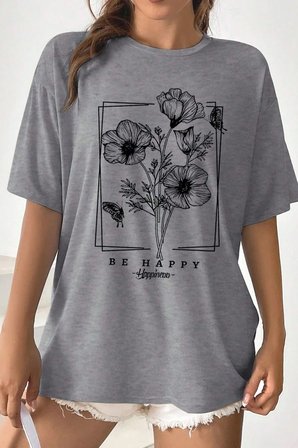 Unisex Be Happy Baskılı Oversize Tshirt