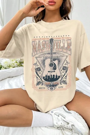 Unisex Music City Baskılı Oversize Tshirt
