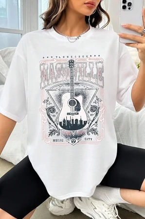Unisex Music City Baskılı Oversize Tshirt