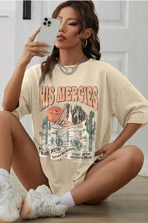 Unisex His Mercies Baskılı Oversize Tshirt