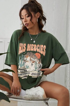 Unisex His Mercies Baskılı Oversize Tshirt