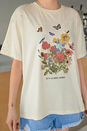 Uyguntarz Unisex Flowers Baskılı Oversize Tshirt