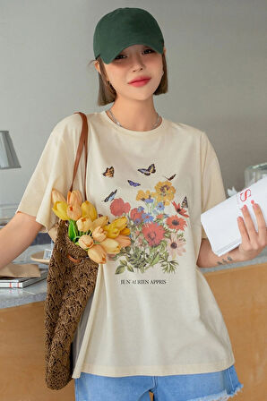 Uyguntarz Unisex Flowers Baskılı Oversize Tshirt