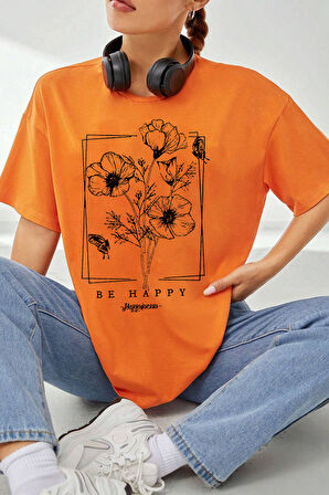 Unisex Be Happy Baskılı Oversize Tshirt