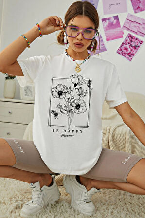 Uyguntarz Unisex Be Happy Baskılı Oversize Tshirt