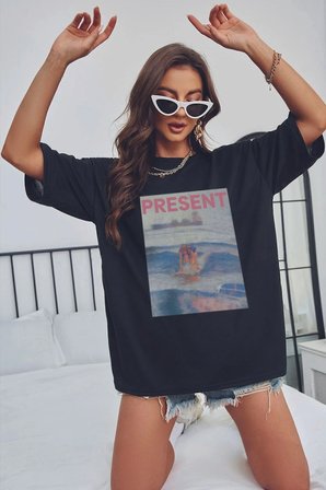 Unisex Present Baskılı Oversize Tshirt