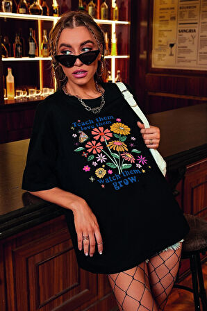Uyguntarz Unisex Flowers Baskılı Oversize Tshirt