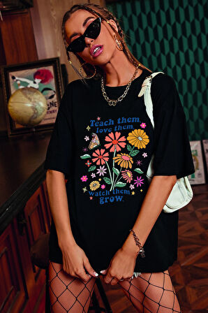 Uyguntarz Unisex Flowers Baskılı Oversize Tshirt