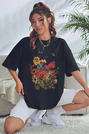 Unisex Flowers Baskılı Oversize Tshirt