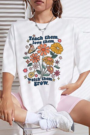 Uyguntarz Unisex Flowers Baskılı Oversize Tshirt