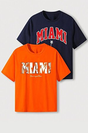 Unisex Miami Baskılı Oversize 2'li Paket T-shirt