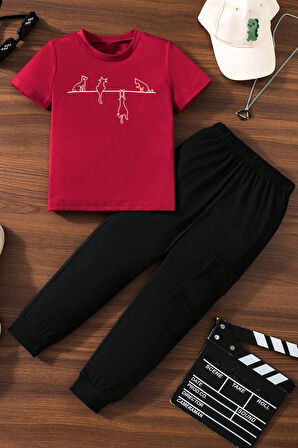 Uyguntarz Çocuk Yaramaz Kedi Baskılı Alt - Üst Eşofman Takımı