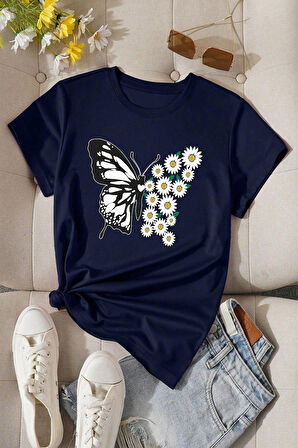 Uyguntarz Pamuklu Papatya Kelebek Tasarım Tshirt