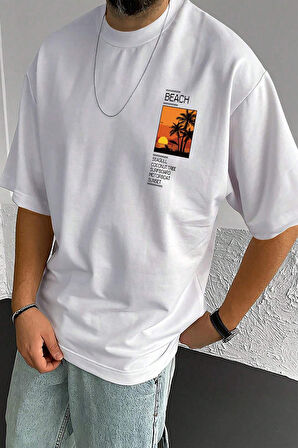 Erkek Beach Baskılı Oversize Tshirt