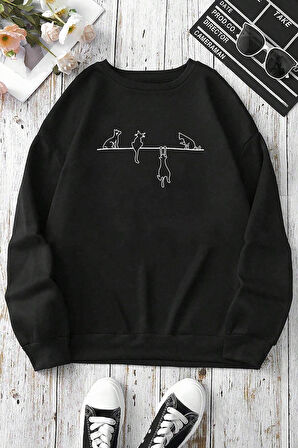 Uyguntarz Yaramaz Kedi Baskılı Oversize Sweatshirt