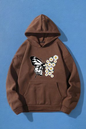 Papatya Kelebek Baskılı Oversize Sweatshirt