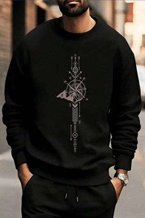 Uyguntarz Pusula Zaman Çizelge Baskılı Oversize Sweatshirt