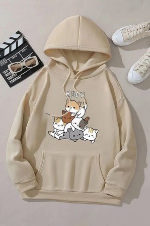 Meow Tatlı Kediler Baskılı Oversize Sweatshirt
