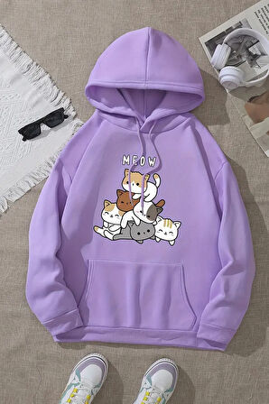 Uyguntarz Meow Tatlı Kediler Baskılı Oversize Sweatshirt