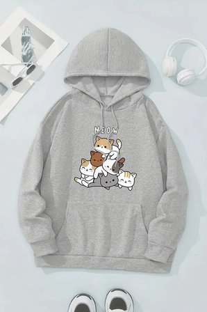 Meow Tatlı Kediler Baskılı Oversize Sweatshirt
