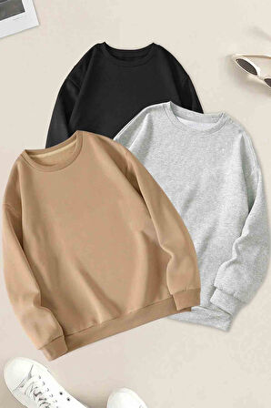 Uyguntarz 3'lu Paket Bej Gri Siyah Oversize Sweatshirt
