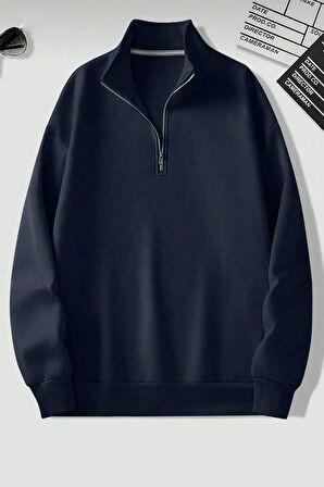 Uyguntarz Dik Yaka Yarım Fermuarlı Düz Kazak Sweatshirt