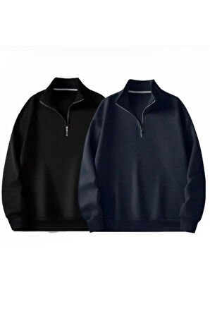 Uyguntarz 2'Lİ Paket Dik Yaka Yarım Fermuarlı Düz Kazak Sweatshirt