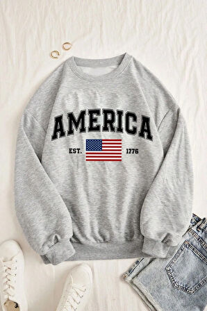 Uyguntarz America Baskılı  Pamuklu Oversize Sweatshirt