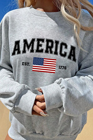 Uyguntarz America Baskılı  Pamuklu Oversize Sweatshirt