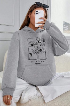 Be Happy Baskılı  Pamuklu Oversize Sweatshirt