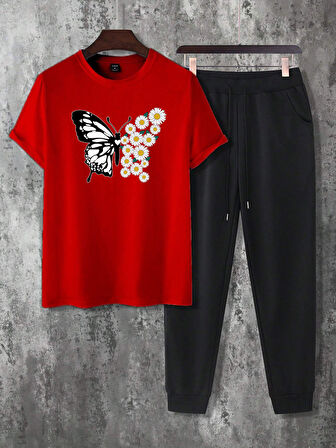 Unisex 2'li Papatya Kelebek Baskılı Eşofman Takımı