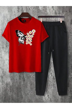 Unisex 2'li Papatya Kelebek Baskılı Eşofman Takımı