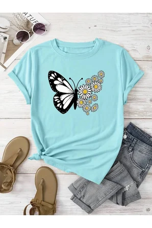 Pamuklu Papatya Kelebek Tasarım Tshirt