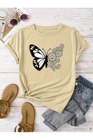 Pamuklu Papatya Kelebek Tasarım Tshirt