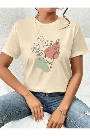 Portrait & Flower Baskılı Oversize Tshirt