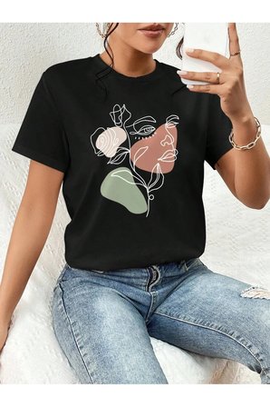 Portrait & Flower Baskılı Oversize Tshirt