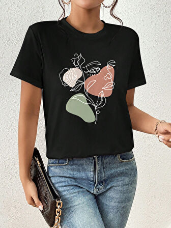 Portrait & Flower Baskılı Oversize Tshirt