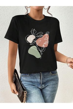 Portrait & Flower Baskılı Oversize Tshirt