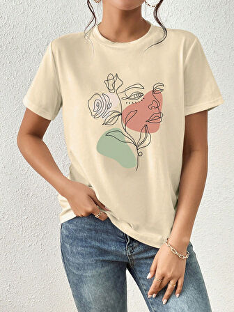 Portrait & Flower Baskılı Oversize Tshirt