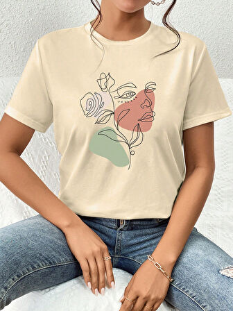 Portrait & Flower Baskılı Oversize Tshirt