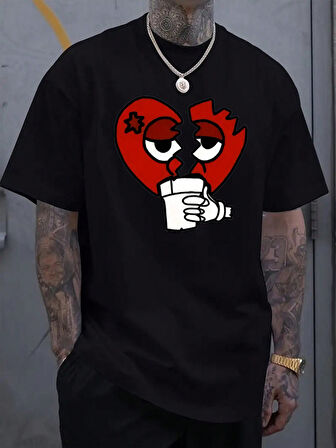 Unisex Kırık Kalp bardak Baskılı Oversize Tshirt