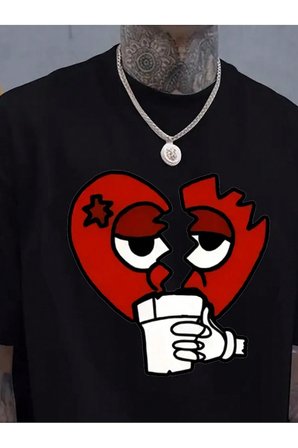 Unisex Kırık Kalp bardak Baskılı Oversize Tshirt